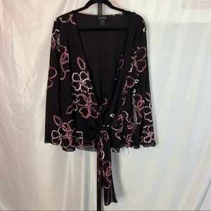 Lane Bryant Brown Floral Print Wrap Blouse with Side Tie, size 18/20